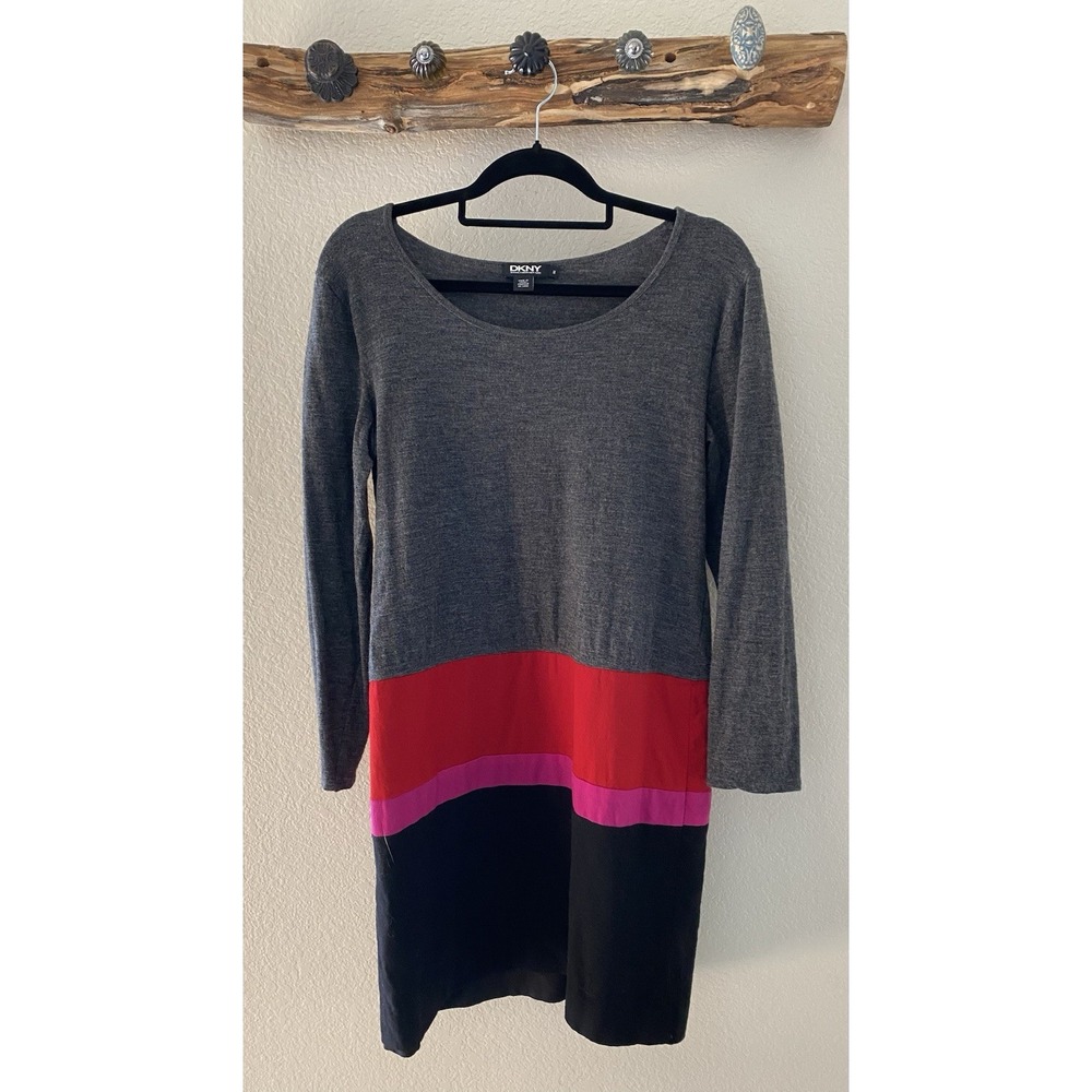 DKNY Dress M Gray Red Block Shift Wool Knee Lngth Long Sleeve Casual Y2K